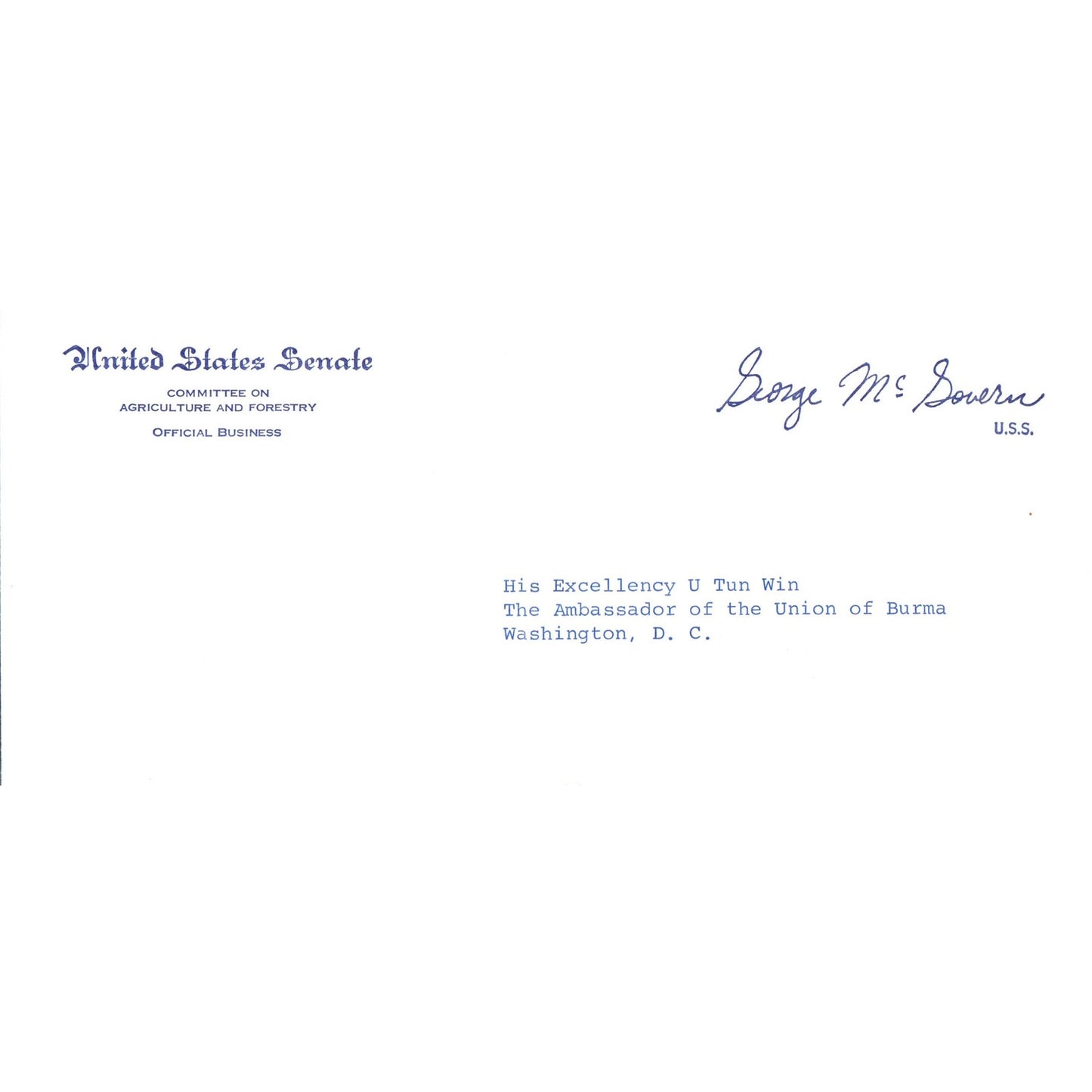 South Dakota Senator George McGovern Official Envelope to Burma Ambassador B11