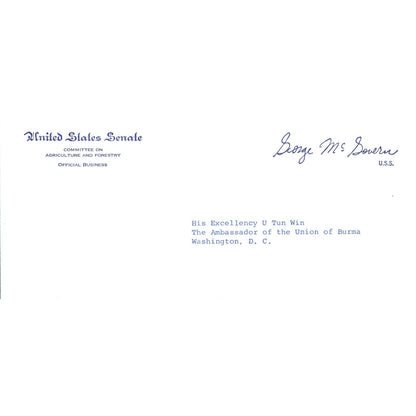 South Dakota Senator George McGovern Official Envelope to Burma Ambassador B11