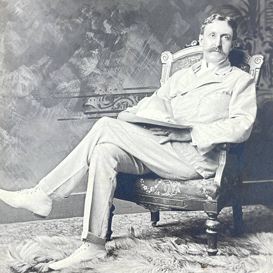 1904 Photo Portrait Man on Fur Rug Ceylon Colombo Sri Lanka “In the Orient” SC6
