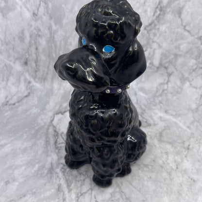 Vtg MCM Large Ceramic Black Poodle Blue Eyes w Collar 10.5" TI9