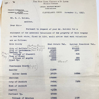 1915 New York, Chicago & St Louis Railroad Co. Legal Department Statement AA9