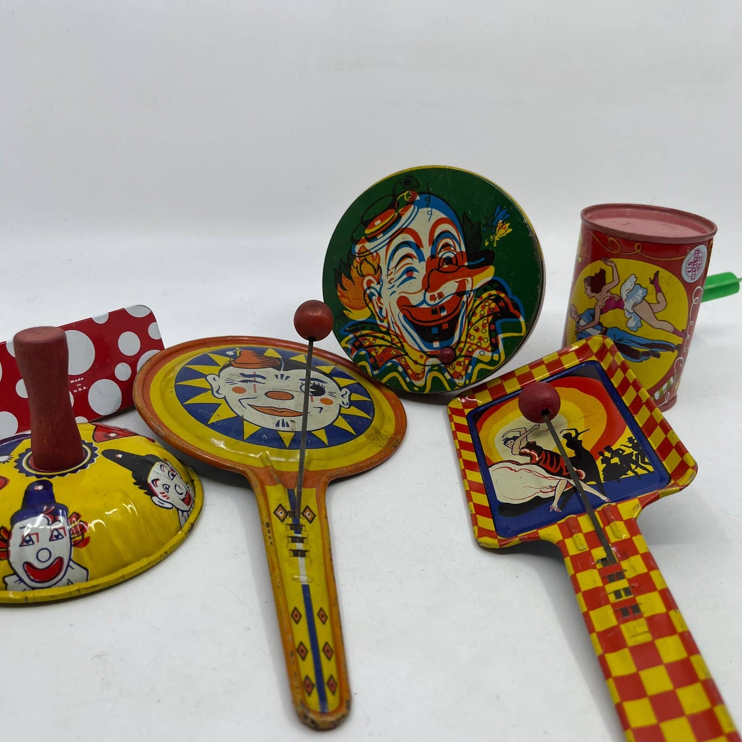 1920s HUGE LOT of 36 Noisemaker Clown Circus Litho Tin Kirchhof US Metal TH9