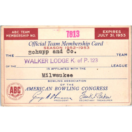 1953 American Bowling Congress Milwaukee Card Walker Lodge K of P 123 SE5-52