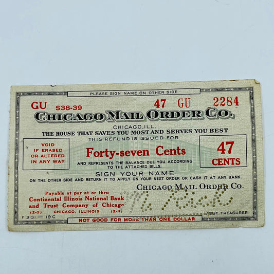 Vintage Chicago Mail Order Co. Illinois National Bank & Trust Bank Check AH9-M7