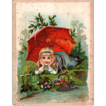 1880s Victorian Trade Card BLANK Little Girl Under Red Umbrella SE3-3