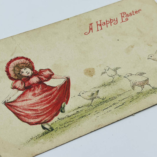 1910s Easter Post Card Girl in Bonnet Dancing with Chicks PA5