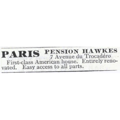 Paris Pension Hawkes 7 Ave du Trocadero - 1903 Original Ad TJ7-S9