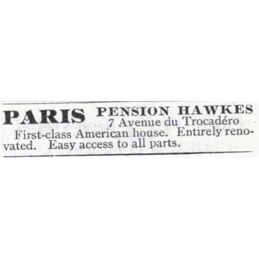 Paris Pension Hawkes 7 Ave du Trocadero - 1903 Original Ad TJ7-S9