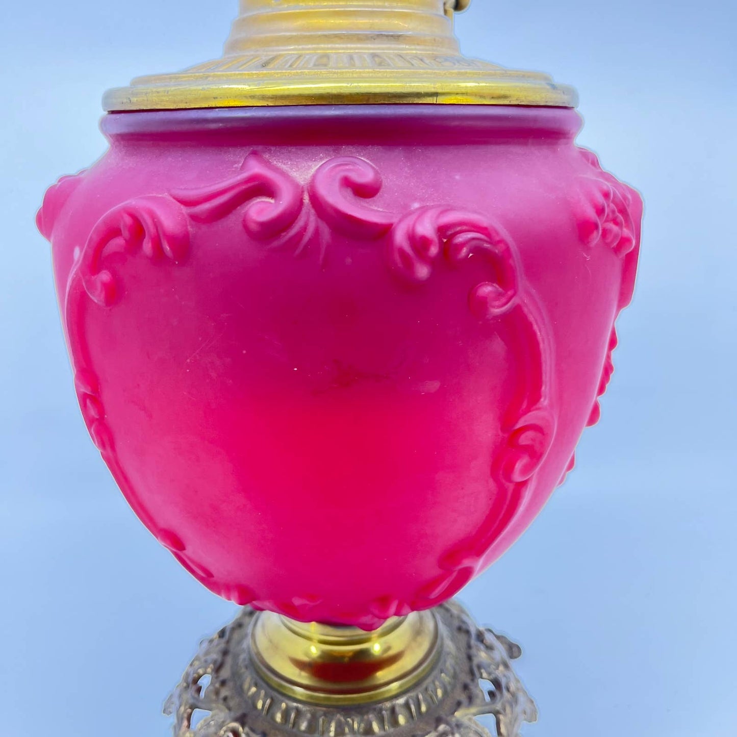 Antique B & H Red Satin Glass and Brass Gone With the Wind Lamp Base LB4