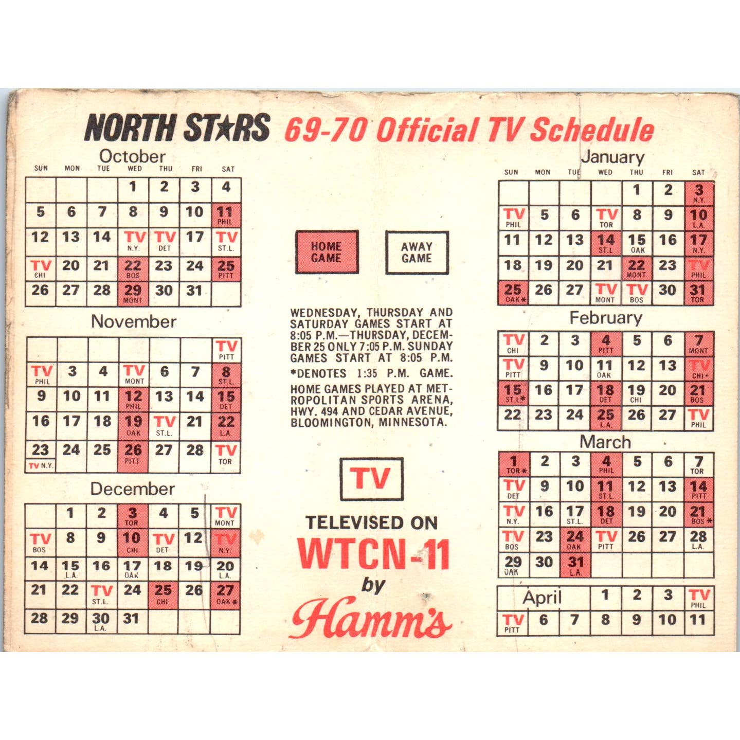 1969-70 Minnesota North Stars NHL Hockey Pocket Schedule Hamms TK1-P3