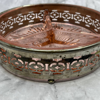 Vintage Pink Depression Glass Dish 3 Part Divided Starburst Silver Caddy 7” TB6