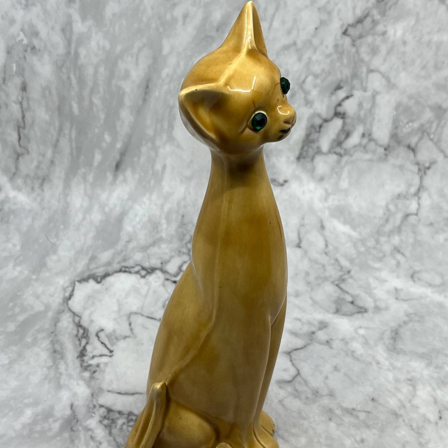 1950s MCM Long Neck Siamese Cat Figurine Ornament Tan Green Eyes 9" TA2-2