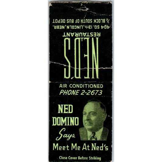 Ned's Restaurant Ned Domino Lincoln Nebraska Advertising Matchbook Cover SA9-M1