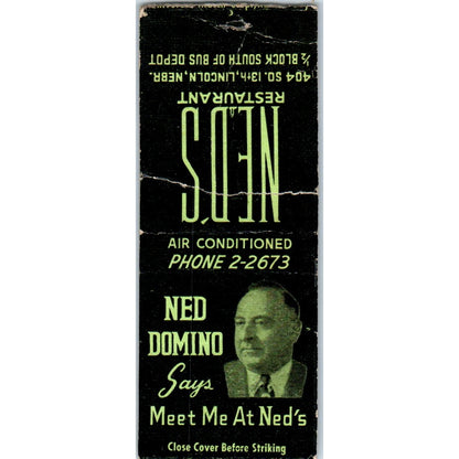 Ned's Restaurant Ned Domino Lincoln Nebraska Advertising Matchbook Cover MM9-5