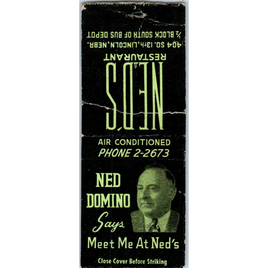 Ned's Restaurant Ned Domino Lincoln Nebraska Advertising Matchbook Cover MM9-5