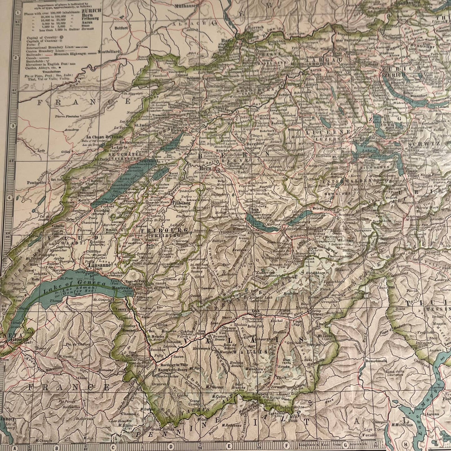 Antique 1897 The Century Atlas Map of SWITZERLAND Color Engraved 12.5 x 17” FL5