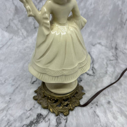 Antique Italian Bisque Porcelain Lamp & Shade Victorian Lady w/ Hoop Dress WORKS