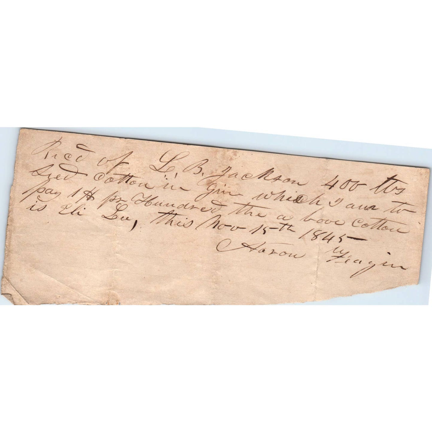 1845 Handwritten Receipt L.B. Jackson Eli Lee Aaron Fiagin Covington Co AL AD6
