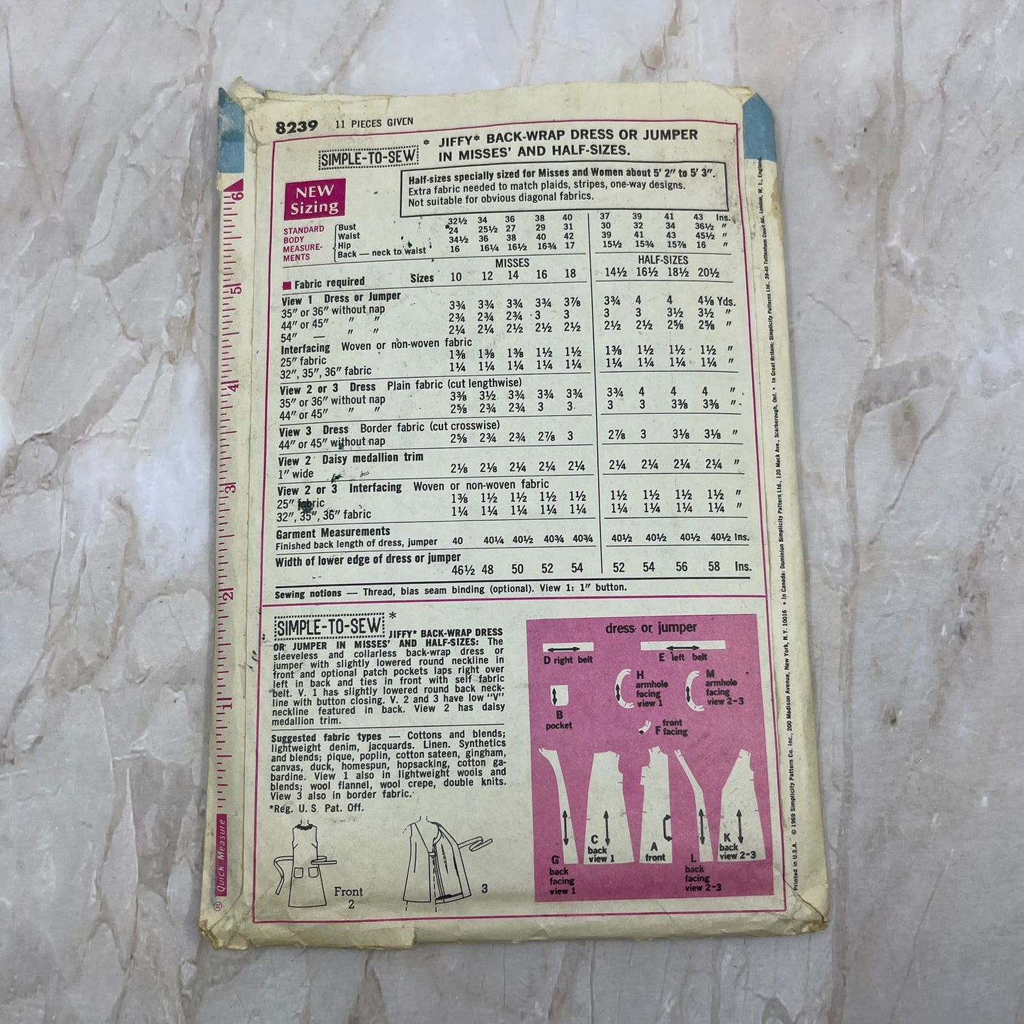 1960's Simplicity 8239 Miss Size 18 Jiffy Back Wrap Dress or Jumper Pattern TE5