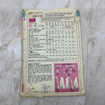 1960's Simplicity 8239 Miss Size 18 Jiffy Back Wrap Dress or Jumper Pattern TE5