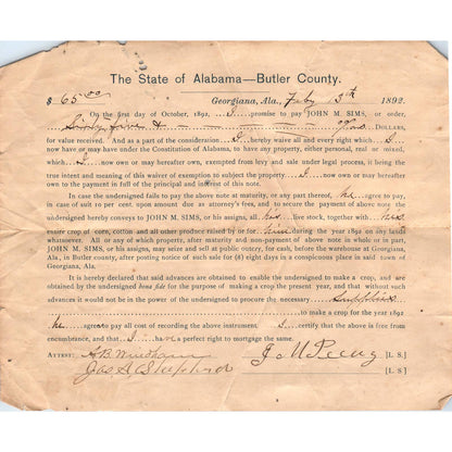 1892 State of Alabama Butler County Promissory Note Loan Agreement Georgian AD6