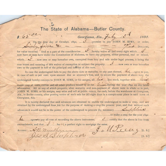 1892 State of Alabama Butler County Promissory Note Loan Agreement Georgian AD6