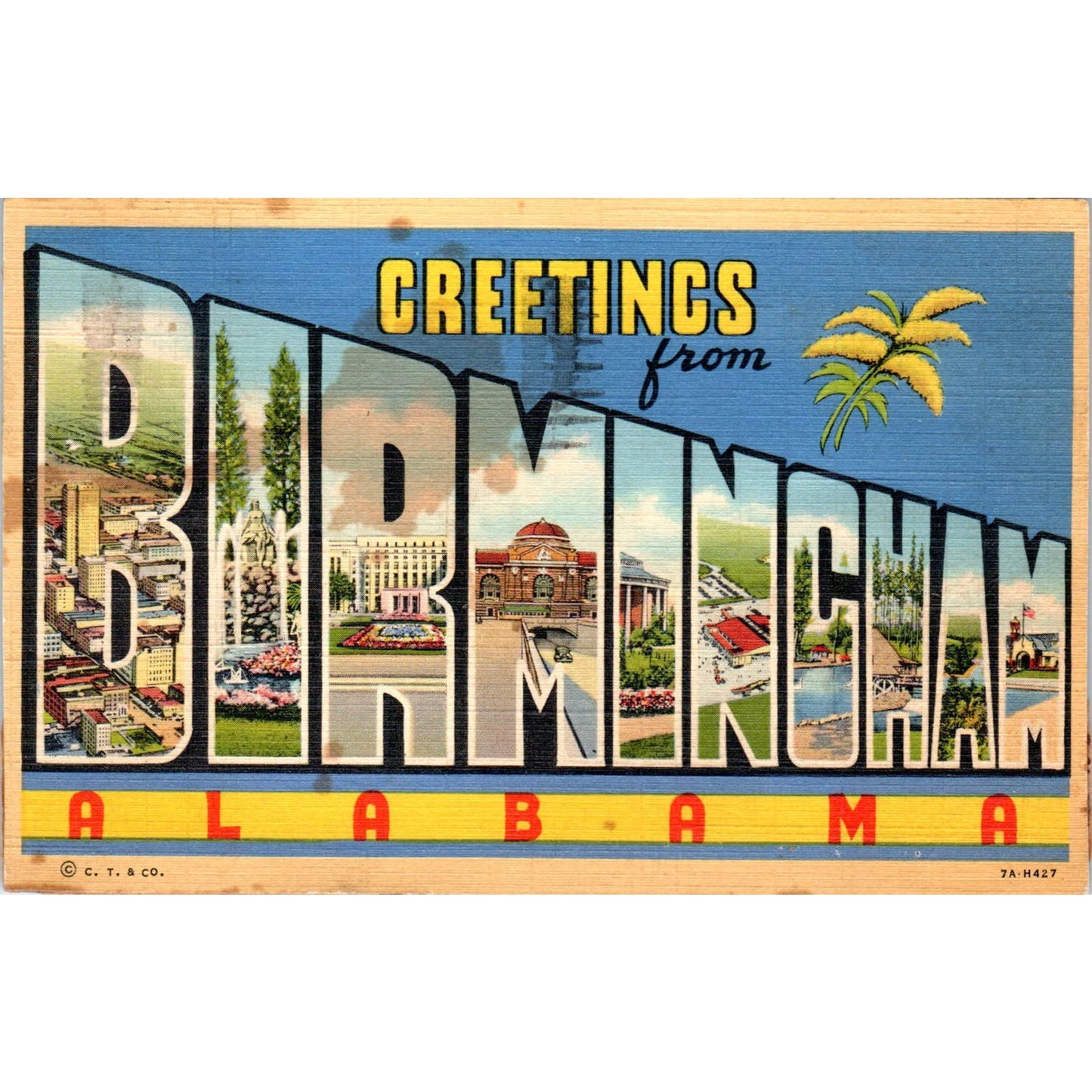 Greetings from Birmingham Alabama Linen - Original Postcard TJ7-RP1