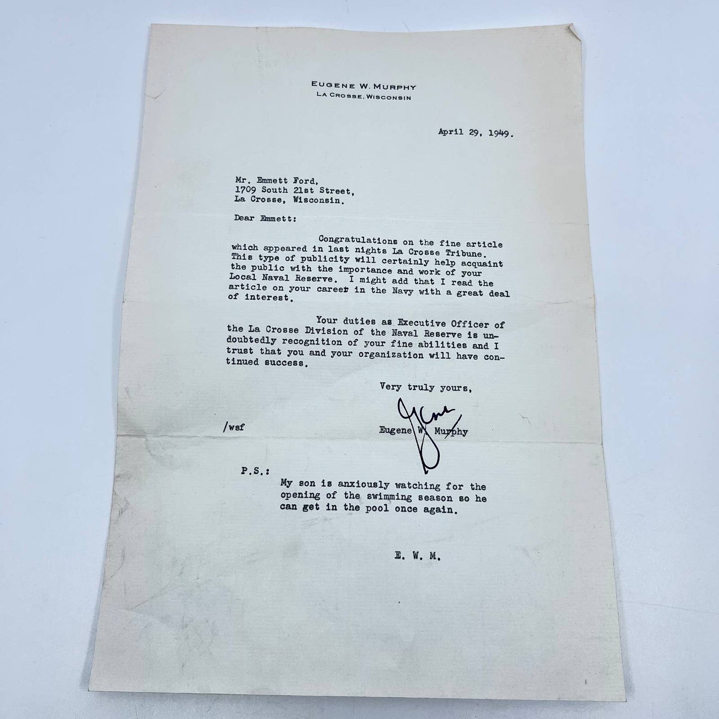 1949 Eugene W. Murphy Letterhead LaCrosse WI to Emmet Ford AA7