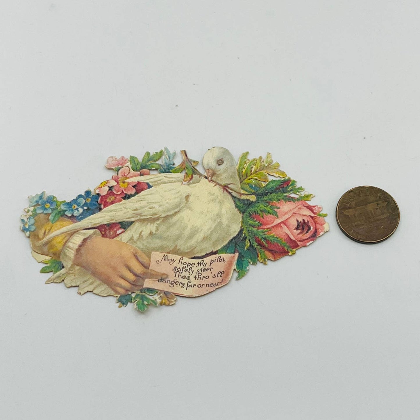 1880s Victorian Die Cut Calling Card Embossed Dove Hand Floral Poem AA2