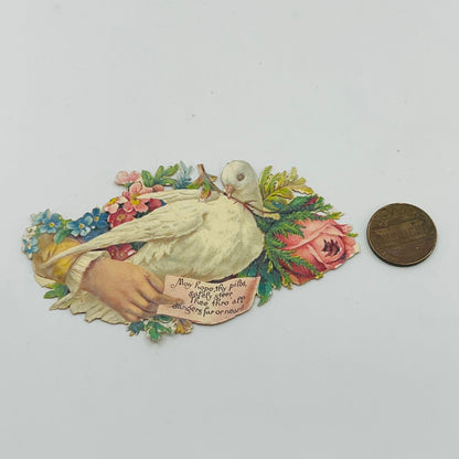 1880s Victorian Die Cut Calling Card Embossed Dove Hand Floral Poem SAH9-S9