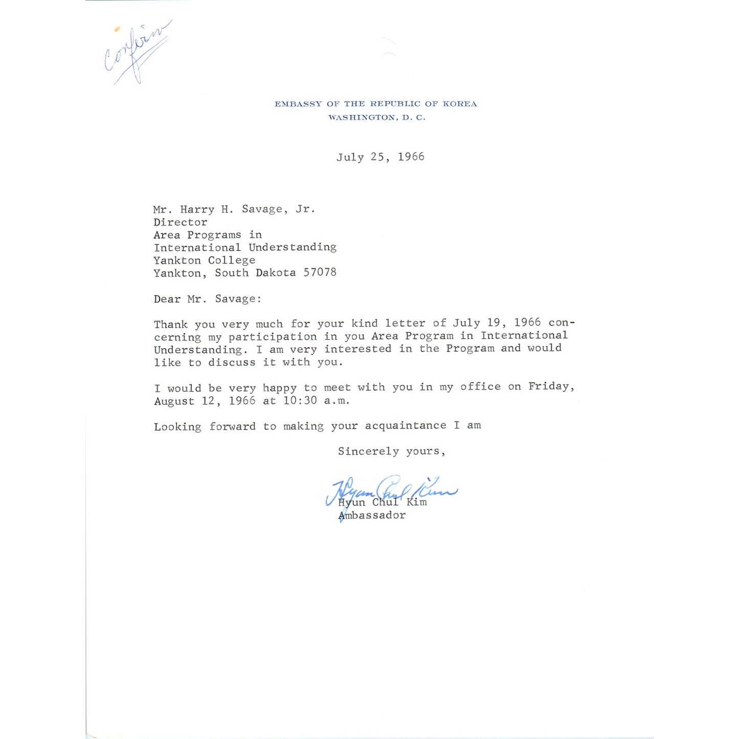 Embassy of the Republic of Korea Letterhead Memo Hyun Chul Kim 7/25/66 B14