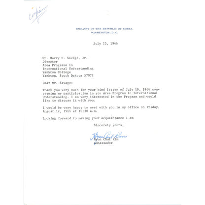 Embassy of the Republic of Korea Letterhead Memo Hyun Chul Kim 7/25/66 B14