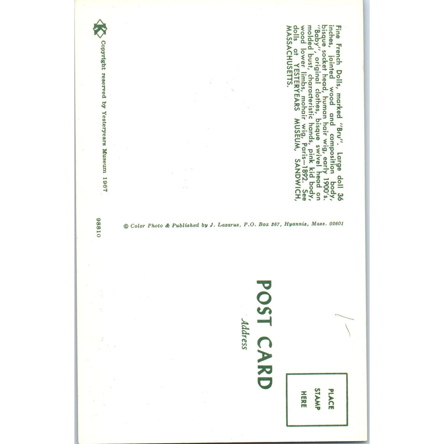 Bru French Doll w/ Baby Yesteryears Museum Sandwich MA Original Postcard PB6