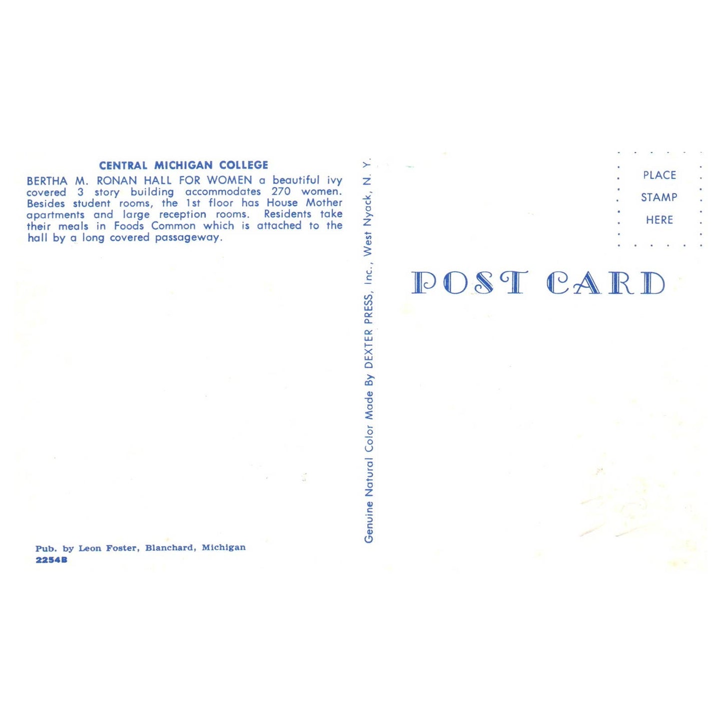 Vintage Postcard - Central Michigan College Bertha M. Ronan Hall For Women TJ7-1