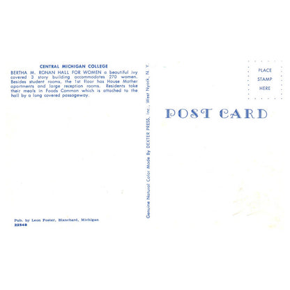 Vintage Postcard - Central Michigan College Bertha M. Ronan Hall For Women TJ7-1