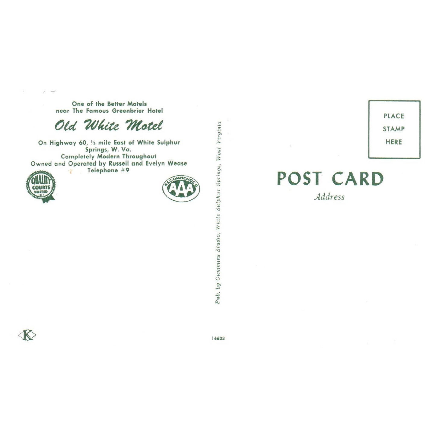 Vintage Postcard - Old White Motel White Sulphur Springs West Virginia AD9