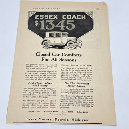 c1920 Essex Coach Motor Car Automobile Ad Detroit MI AA8