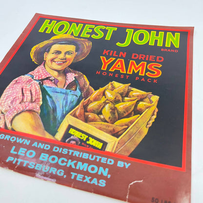 1926 HONEST JOHN YAMS Vegetable Crate Label 9” Leo Bockmon Pittsburg TX FL3-2