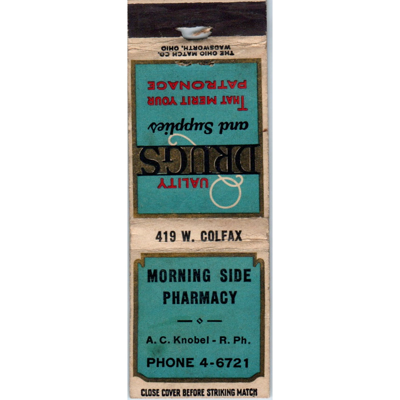 Morning Side Pharmacy A.C. Knobel Advertising Matchbook Cover MM9-8