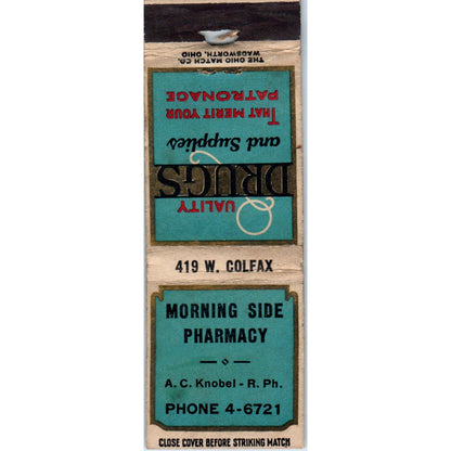 Morning Side Pharmacy A.C. Knobel Advertising Matchbook Cover MM9-8
