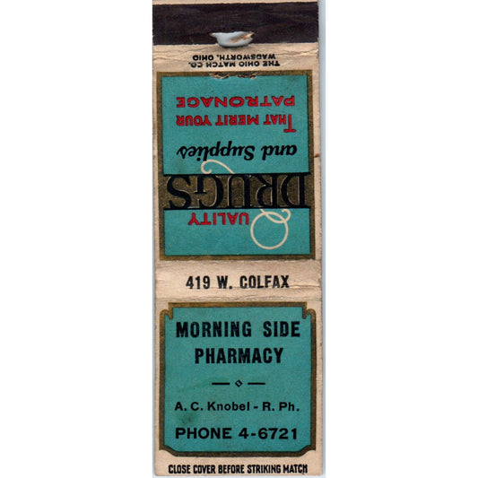 Morning Side Pharmacy A.C. Knobel Advertising Matchbook Cover MM9-8