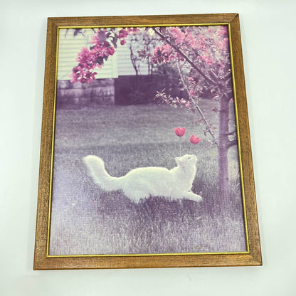 1970s Photograph Print Long Haired White Cat by Cherry Blossom Tree 12x15” TE6