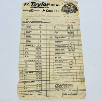 1922 F.C. Taylor Fur Co. St. Louis MO Letterhead Bill Invoice D5