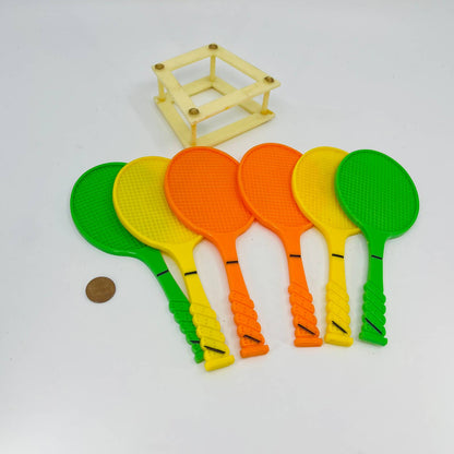 Vintage 1960s 7" Plastic toy tennis racket set of 6 Green Orange Yellow TE1
