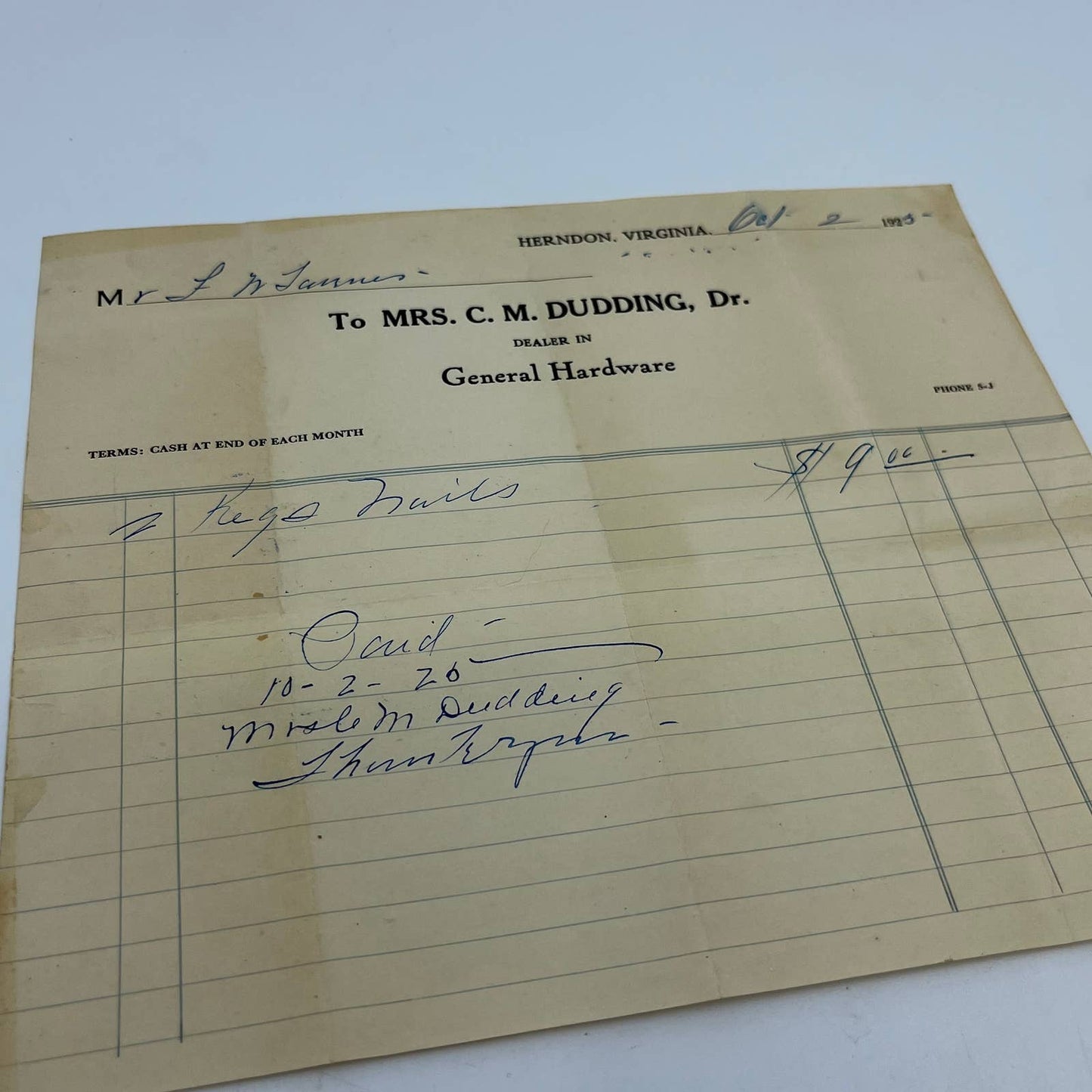 1925 Receipt Mrs. C.M. Dudding General Hardware Herndon VA AA6