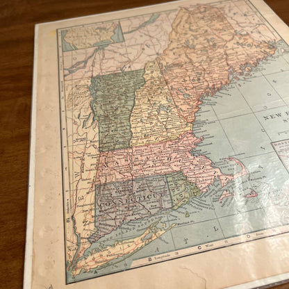 Antique 1907 Map of NEW ENGLAND STATES USA Color 10 x 12” FL5