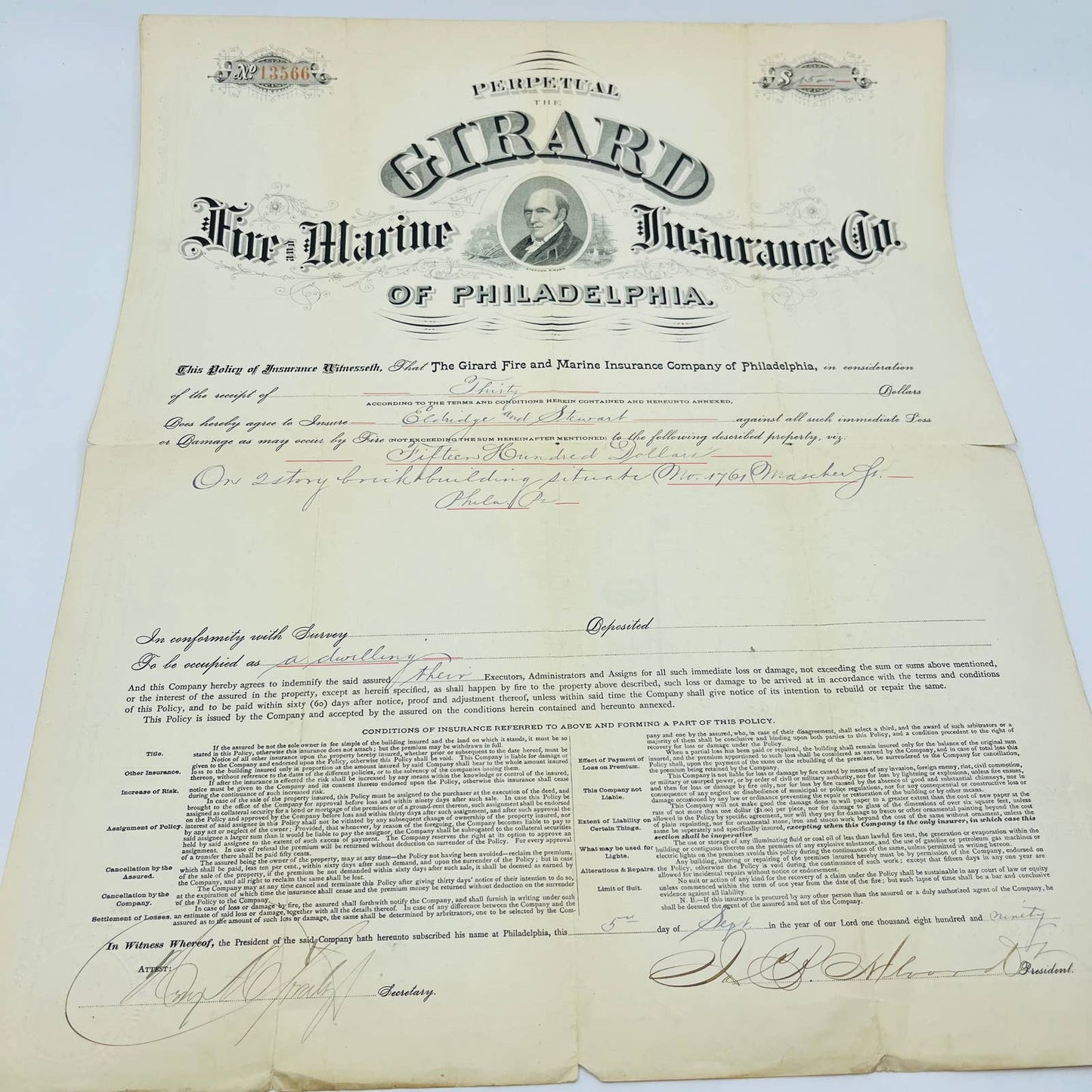 1890 Engraved Policy Girard Fire & Marine  Insurance Company Philadelphia PA AA5