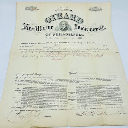 1890 Engraved Policy Girard Fire & Marine  Insurance Company Philadelphia PA AA5