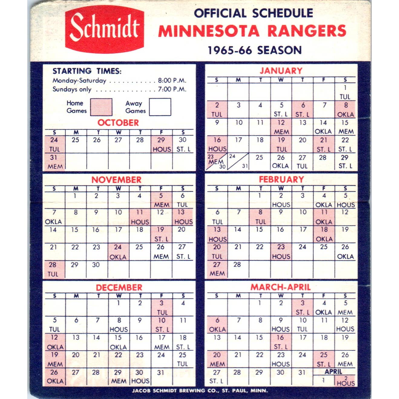 St. Paul Rangers Hockey Home Game Schedule 1965-66 Season Schmidt TK1-P3