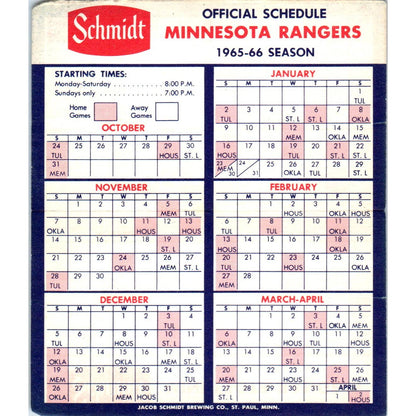 St. Paul Rangers Hockey Home Game Schedule 1965-66 Season Schmidt TK1-P3